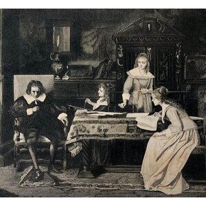 1881 Engraving Blind Milton Dictates Paradise Lost To Daughters Victorian DWQQ18